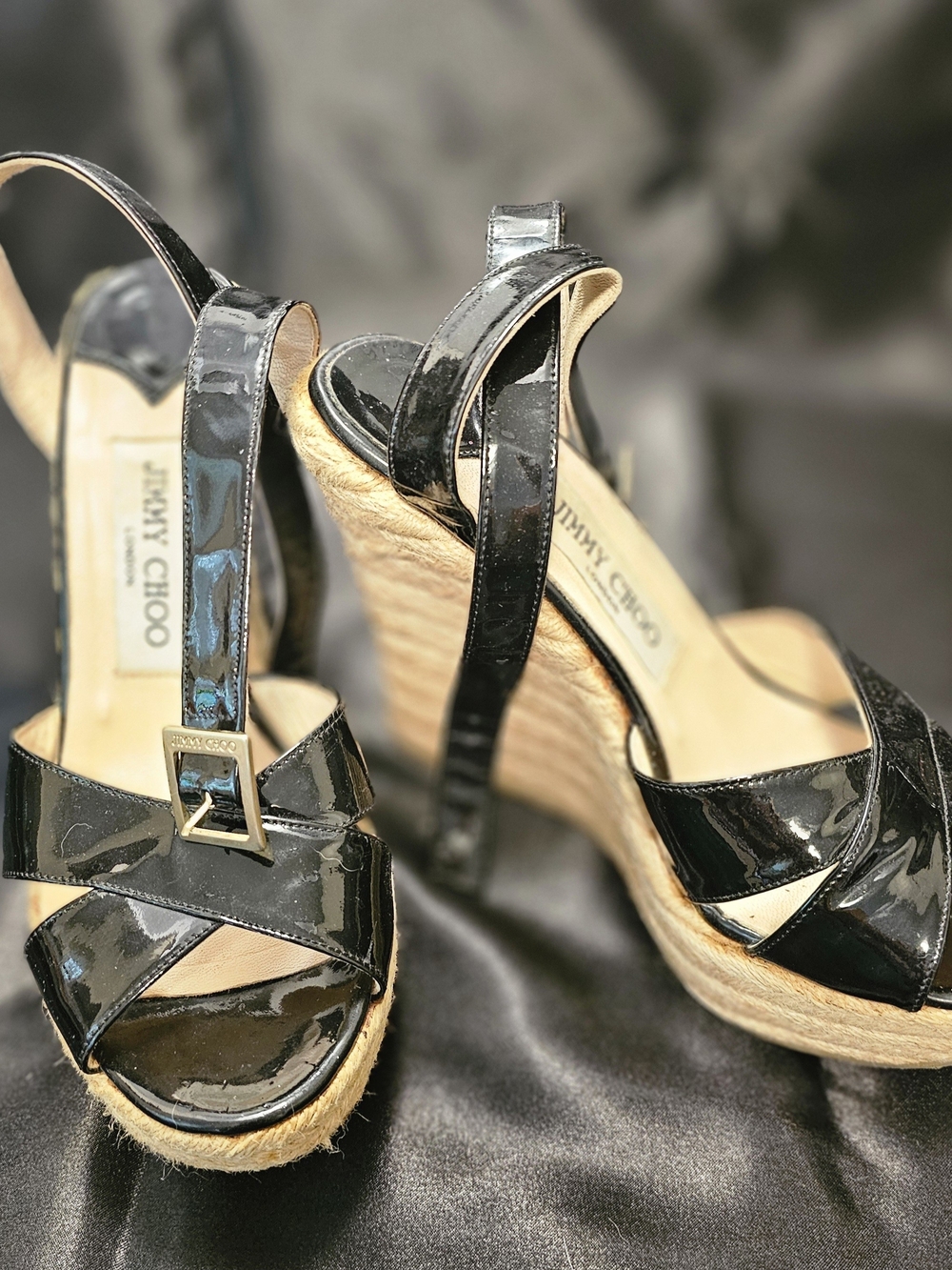 Jimmy Choo Black Patent Espadrille Wedge Sandals